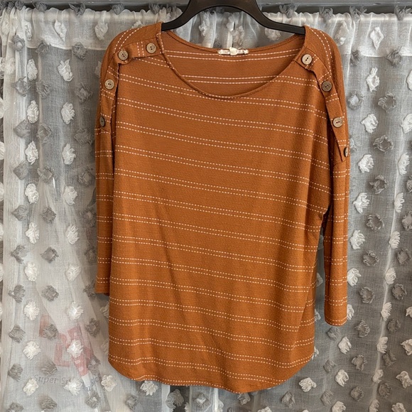 Above And Beyond Tops - Women's Button-Trim Rust Stripe Boatneck Top